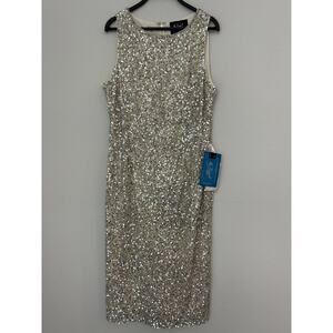 New Mac Duggal Silver Nude Sequined Sleeveless Sheath Dress 5526 Size 12